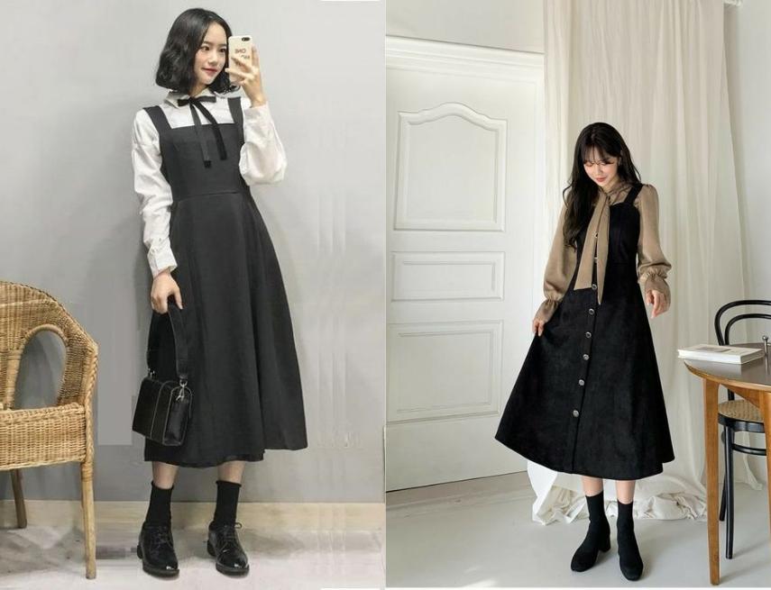 Váy yếm dài Hàn Quốc cho mùa đông ấm áp