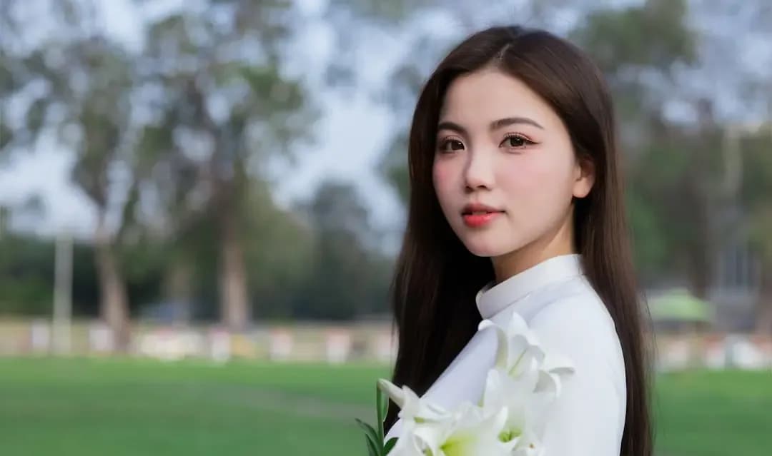 A woman smiles while holding flowers outside.