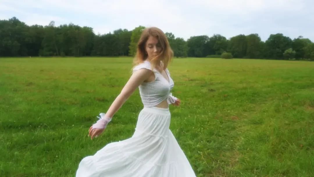 Young woman in white dress in a grassy field
