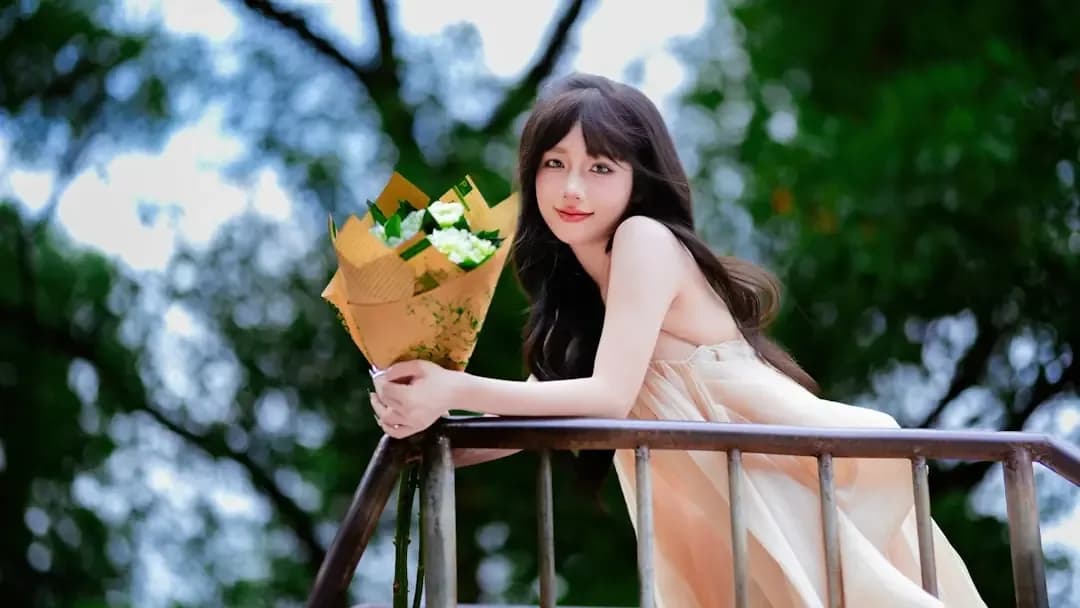 Young woman holding a bouquet of flowers outdoors.