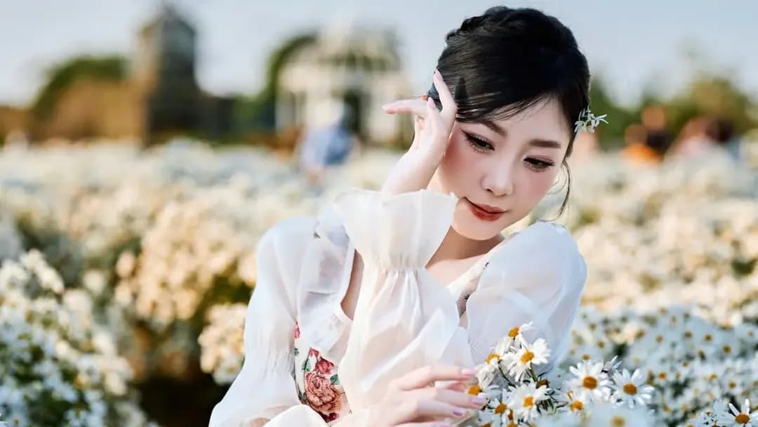 A woman in a white dress among white flowers.